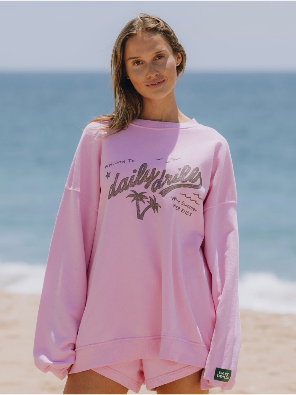 Daily Drills Pink Oversized Vaca Crew Mock neck